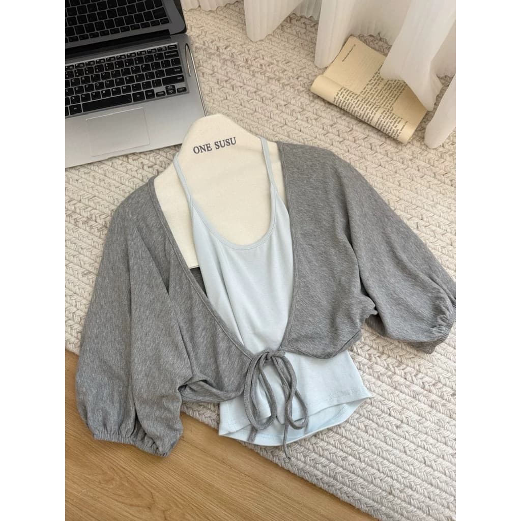 [BIGSIZE L-4XL] Set Áo Bigsize Nữ Cardigan Cánh Dơi Tay Bo Chun Phối Áo Hai Dây Mảnh