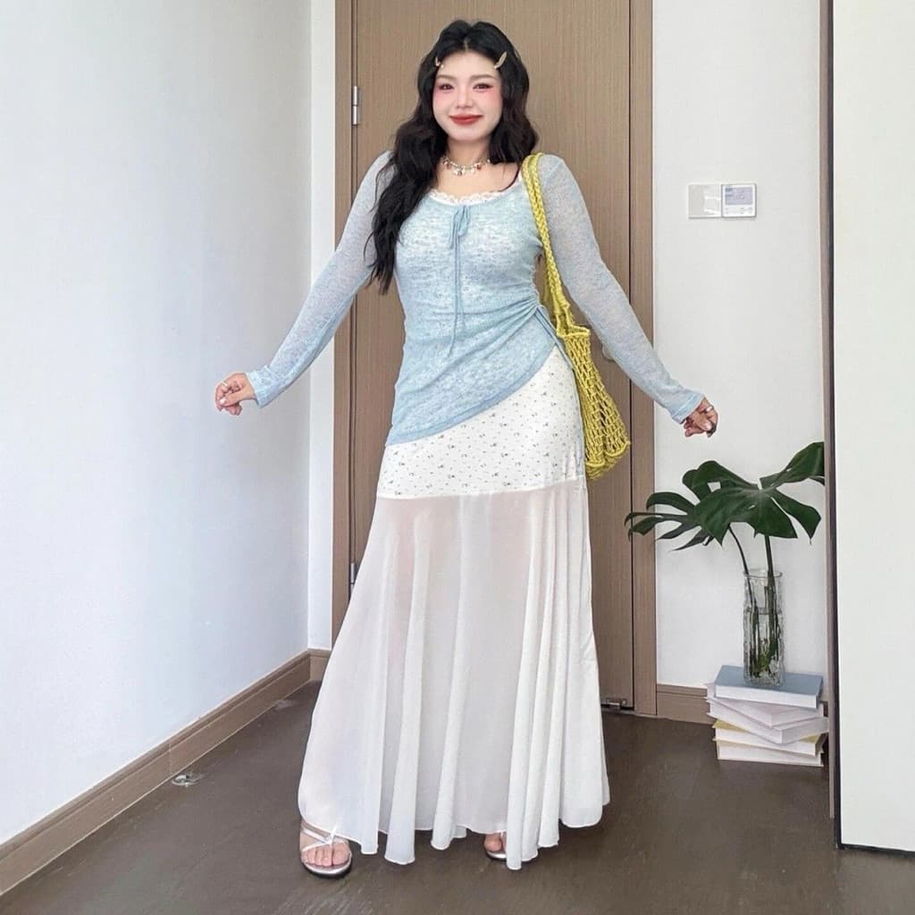 [BIGSIZE L-4XL] Set Đầm Bigsize Nữ Đầm Hai Dây Maxi Voan Dài Phối Áo Thun Rút Dây Tay Dài Màu Trắng Xanh Nhẹ Nhàng