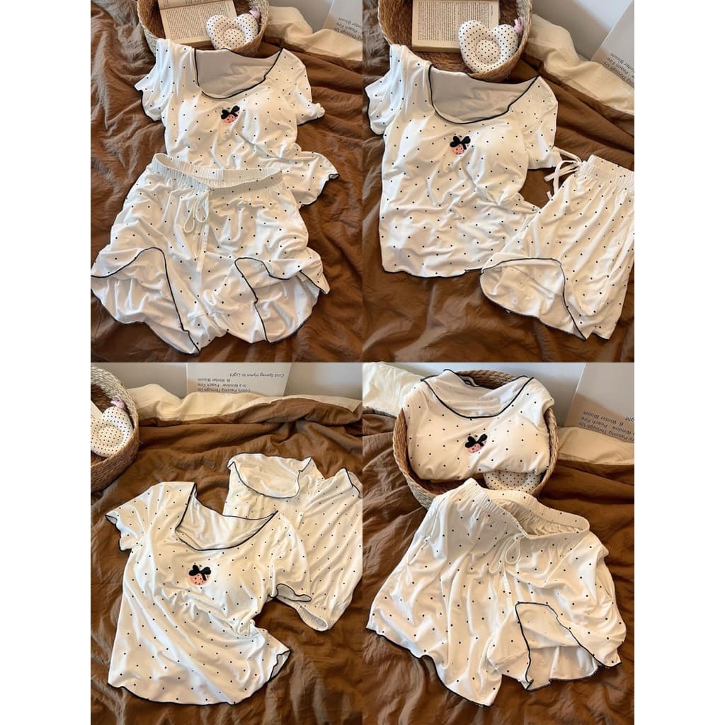 [BIGSIZE L-4XL] Bộ Đồ Ngủ Bigsize Nữ Đùi Chấm Bi Thêu Hình Màu Trắng Dễ Thương Hàn Quốc