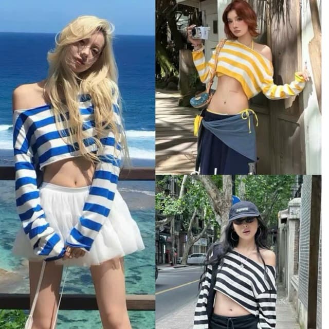 [BIGSIZE L-4XL] Áo Thun Croptop Bigsize Nữ Lệch Vai Kẻ Sọc Xanh Đen Vàng Phong Cách Dopamine Mùa Hè