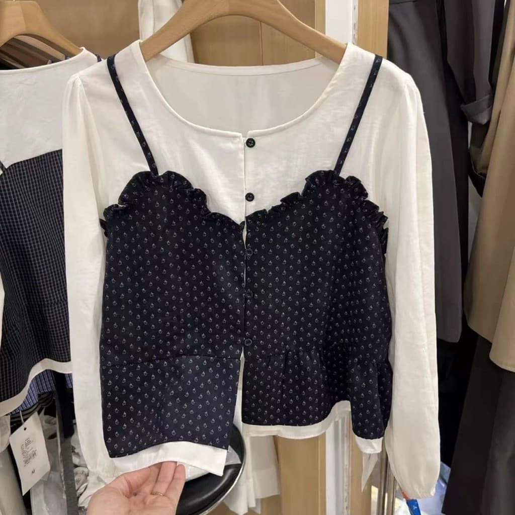 SẴN [BIGSIZE L-4XL] Áo Sơ Mi Bigsize Nữ Dài Tay Cổ Tròn Màu Trắng Phối Áo Layer Hai Dây Hoa Nhí Dễ Thương