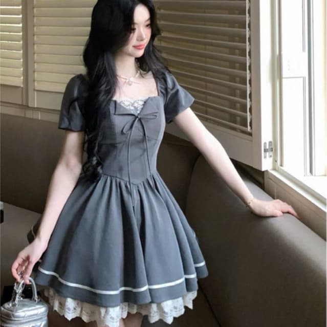 SẴN 14XL [BIGSIZE L-4XL] Đầm Bigsize Nữ Dáng Ngắn Tay Cổ Vuông Màu Xám Thiết Kế Xòe Tiểu Thư Thanh Lịch