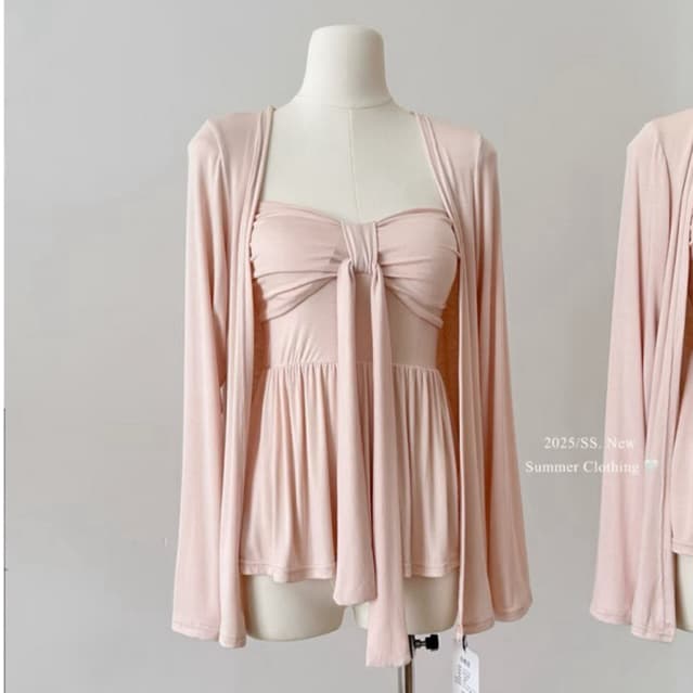 SẴN [BIGSIZE L-4XL] Set Áo Bigsize Nữ Ống Quây Màu Hồng Phối Nơ Kèm Áo Khoác Cardigan Bigsize Nữ 2025