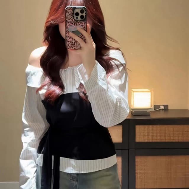 SẴN [BIGSIZE L-4XL] Áo Trễ Vai Dài Tay Bigsize Nữ Phối Sơ Mi Kẻ Sọc Mix Dây Thắt Eo Tôn Dáng