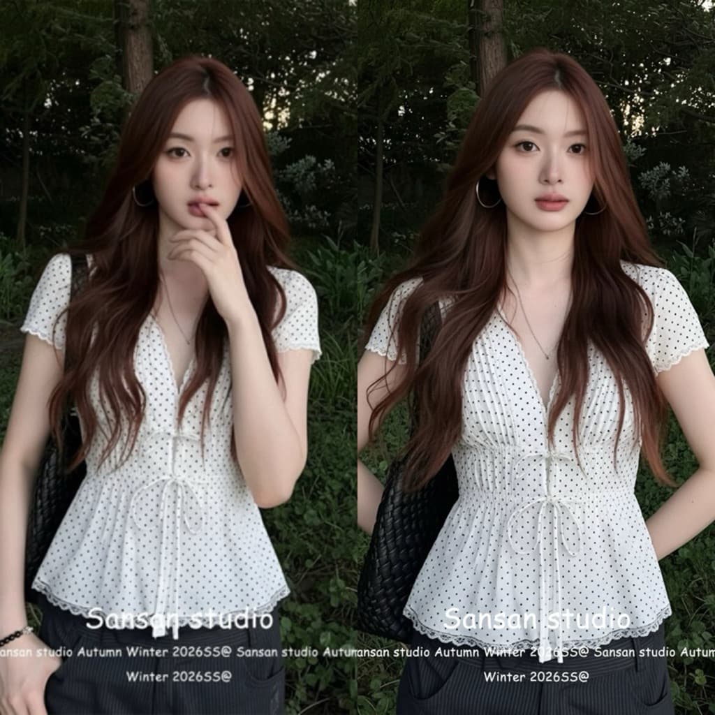 SẴN [BIGSIZE L-4XL] Áo Babydoll Bigsize Nữ Chấm Bi Trắng Cổ Xẻ Tà Chiết Eo Cột Nơ Kiểu Nữ Tay Ngắn Xinh Xắ