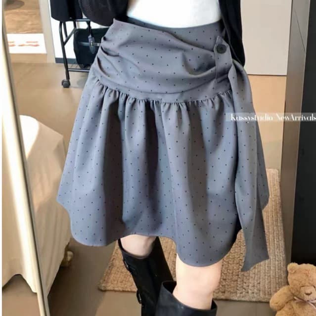 SẴN XÁM 12XL [BIGSIZE L-4XL] Chân Váy Lửng Bigsize Nữ Màu Đen Xám Hoạ Tiết Chấm Bi Kèm Vạt Cài Cúc