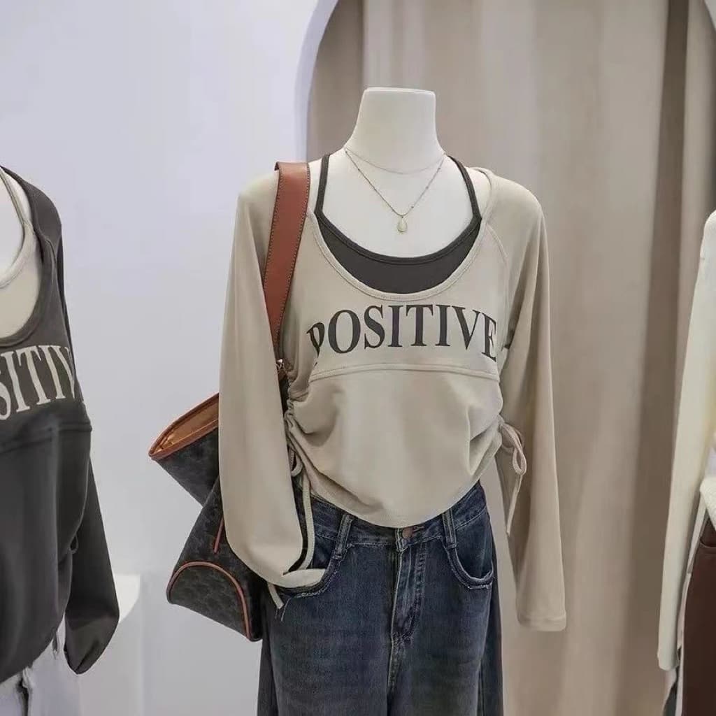 SẴN XÁM [BIGSIZE L-4XL] Áo Thun Bigsize Nữ Dài Tay Cổ Áo Hai Dây Layer Rút Eo Tôn Dáng