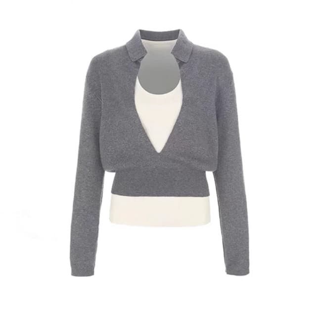 [BIGSIZE L-4XL] Áo Thun Bigsize Nữ Cổ Chữ U Phối Layer Màu Xám Trắng Phong Cách Hàn Quốc
