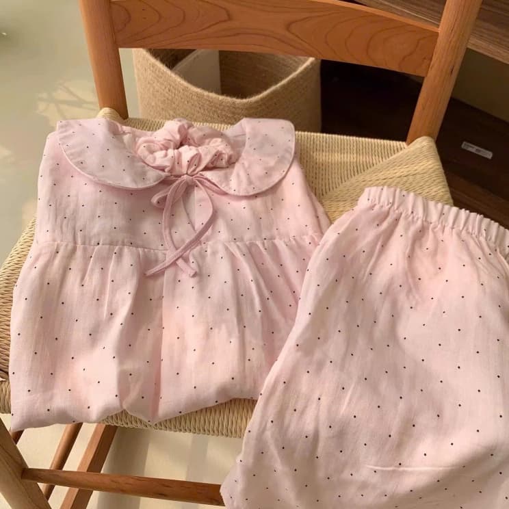 [BIGSIZE L-4XL] Bộ Đồ Ngủ Chấm Bi Hồng Pastel Cổ Peter Pan Phối Nơ Dễ Thương Mặc Ở Nhà Hoặc Dạo Phố Nhẹ