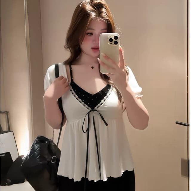 SẴN [BIGSIZE L-4XL] Áo Bigsize Nữ Màu Trắng Phối Bra Chấm Bi Đen Kiểu Dáng Babydoll Hot Trend 2026
