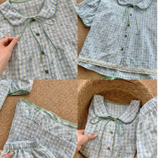 [BIGSIZE L-4XL] Bộ Đồ Ngủ Bigsize Nữ Tay Ngắn Caro Xanh Hoa Nhí Phối Viền Ren Phong Cách Tiểu Thư