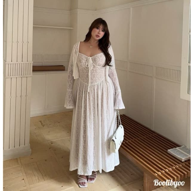 SẴN 14XL [Bigsize L – 4XL] Set Đầm Maxi Bigsize Nữ Kèm Áo Khoác Cardigan Tay Dài Phong Cách Trắng Kem Ren Tiểu Thư