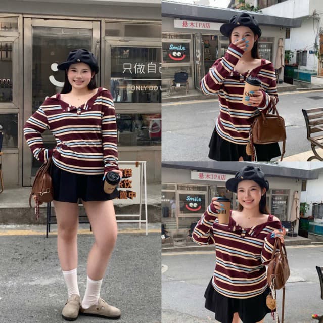 [BIGSIZE L-4XL] Áo Bigsize Nữ Thun Mềm Tay Dài Kẻ Nâu Retro Thiết Kế Trễ Vai Hottrend Mùa Thu Đông 2025
