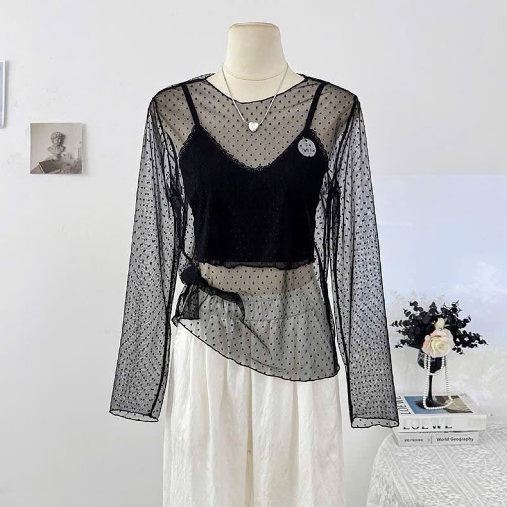 [BIGSIZE L-4XL] Áo Lưới Chấm Bi Bigsize Nữ Dài Tay Cổ Tròn Mặc Ngoài Xuyên Thấu Phong Cách Hàn Quốc 2026