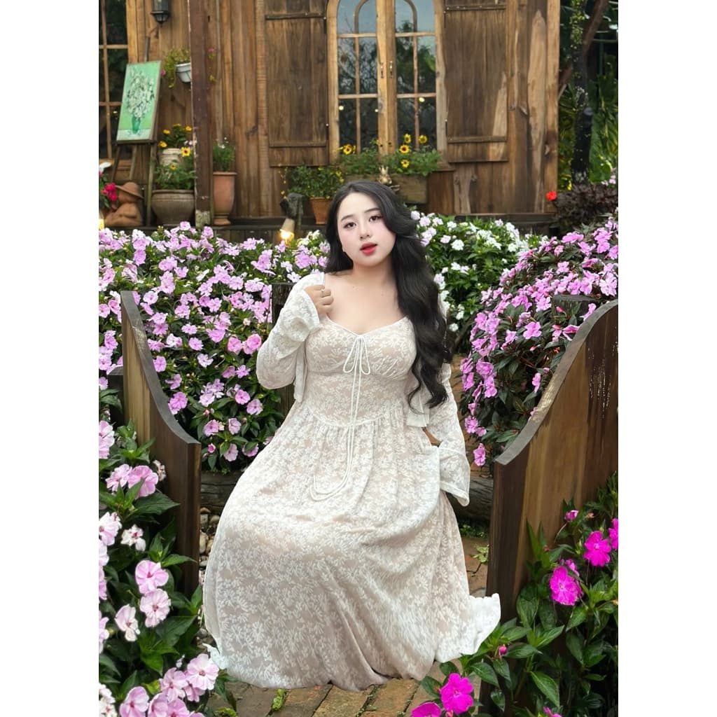 SẴN 14XL [Bigsize L – 4XL] Set Đầm Maxi Bigsize Nữ Kèm Áo Khoác Cardigan Tay Dài Phong Cách Trắng Kem Ren Tiểu Thư