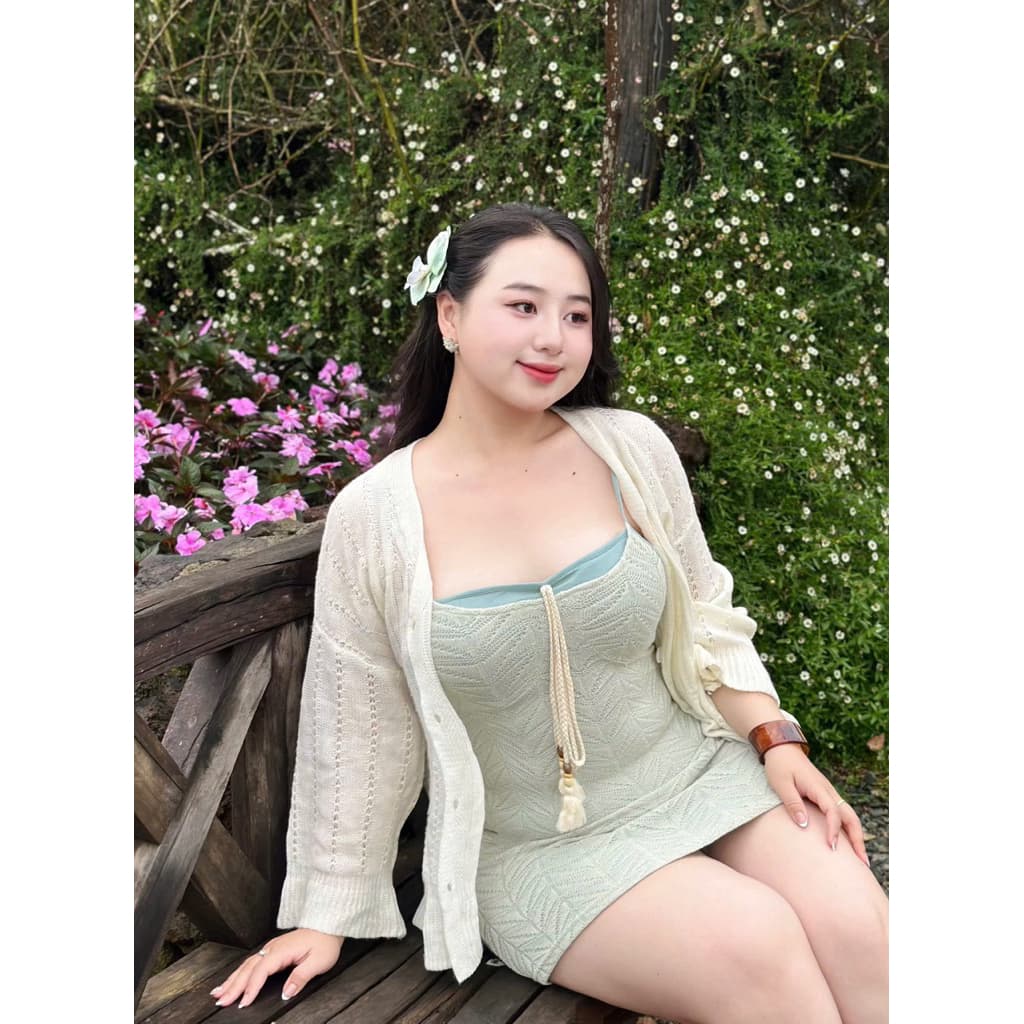 SẴN [BIGSIZE L - 4XL] Set Đầm Nữ Bigsize Màu Xanh Mint Mùa Thu Phối Cùng Áo Khoác Cardigan Rộng Rãi Trẻ Trung Trendy