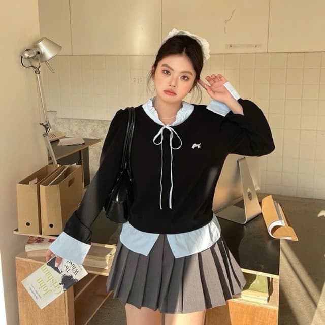 [BIGSIZE L-4XL] Áo Bigsize Nữ Dài Tay Dài Phối Sơ Mi Cổ Nơ Xanh Đen Tiểu Thư Xinh Xắn 2025