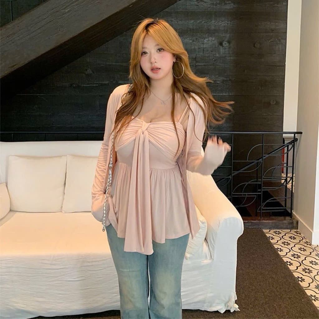 SẴN [BIGSIZE L-4XL] Set Áo Bigsize Nữ Ống Quây Màu Hồng Phối Nơ Kèm Áo Khoác Cardigan Bigsize Nữ 2025