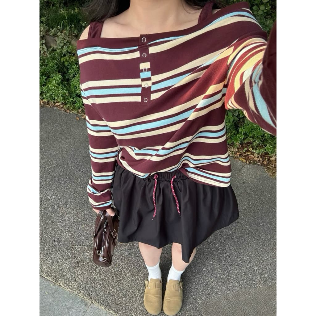 [BIGSIZE L-4XL] Áo Bigsize Nữ Thun Mềm Tay Dài Kẻ Nâu Retro Thiết Kế Trễ Vai Hottrend Mùa Thu Đông 2025