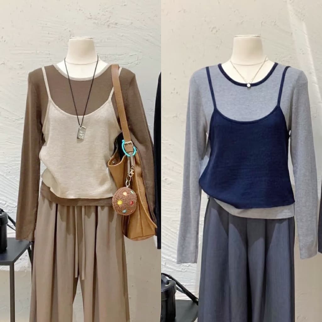 [BIGSIZE L-4XL] Áo Bigsize Nữ Dài Tay Nâu Xanh Ôm Cổ Tròn Phối Áo Hai Dây Ngoài Thu Đông 2025