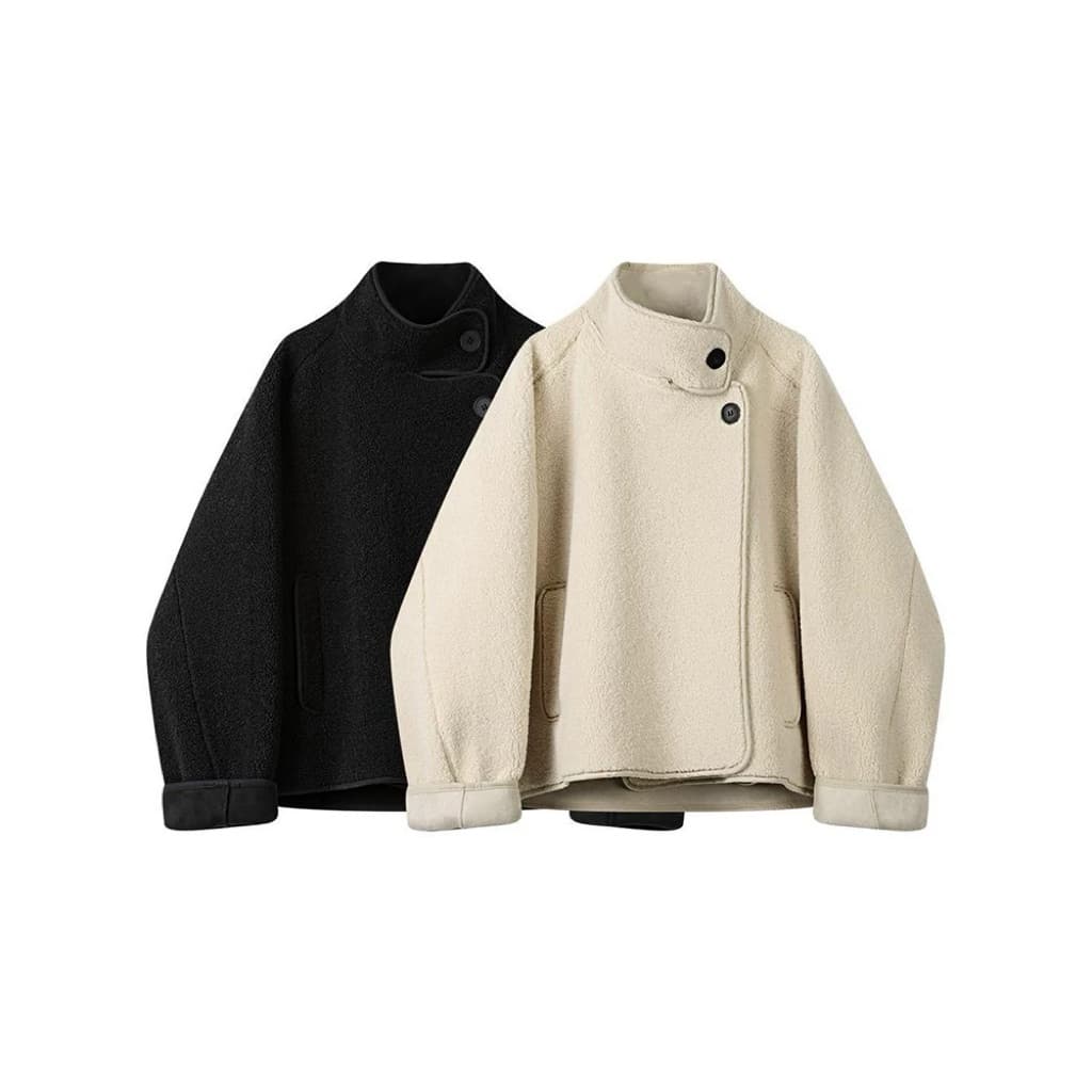 [BIGSIZE XL-5XL] Áo Khoác Bigsize Nữ Lông Cừu Da Lộn Phối Cổ Cao Màu Đen Trắng Kem Dễ Thương Nữ Tính