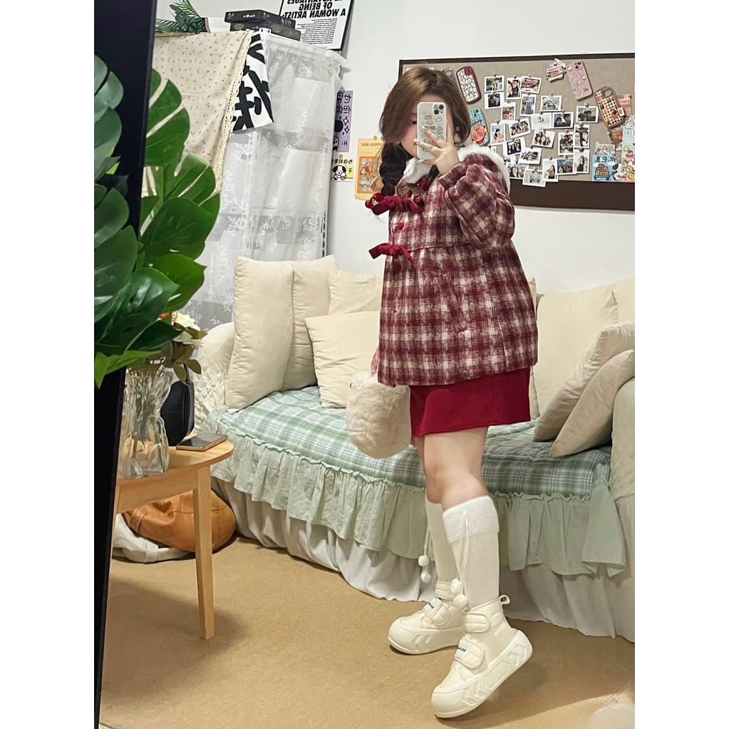SẴN [BIGSIZE L-4XL] Set Đầm Bigsize Nữ Áo Khoác Dạ Nữ Kẻ Sọc Đỏ Phối Kèm Chân Váy Giáng Sinh Tết Đỏ Thu Đông 2025