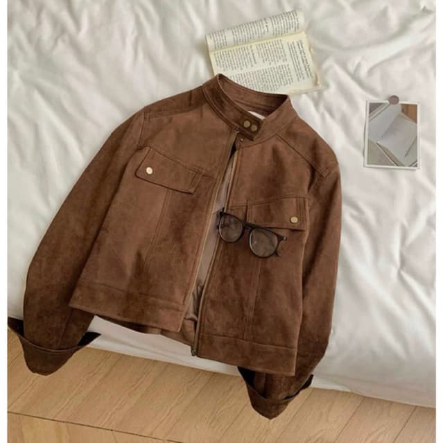 SẴN XL[BIGSIZE L-4XL] Áo Khoác Bigsize Nữ Da Lộn Cổ Trụ Cúc Bấm Dáng Croptop Màu Nâu Thiết Kế Túi Nắp