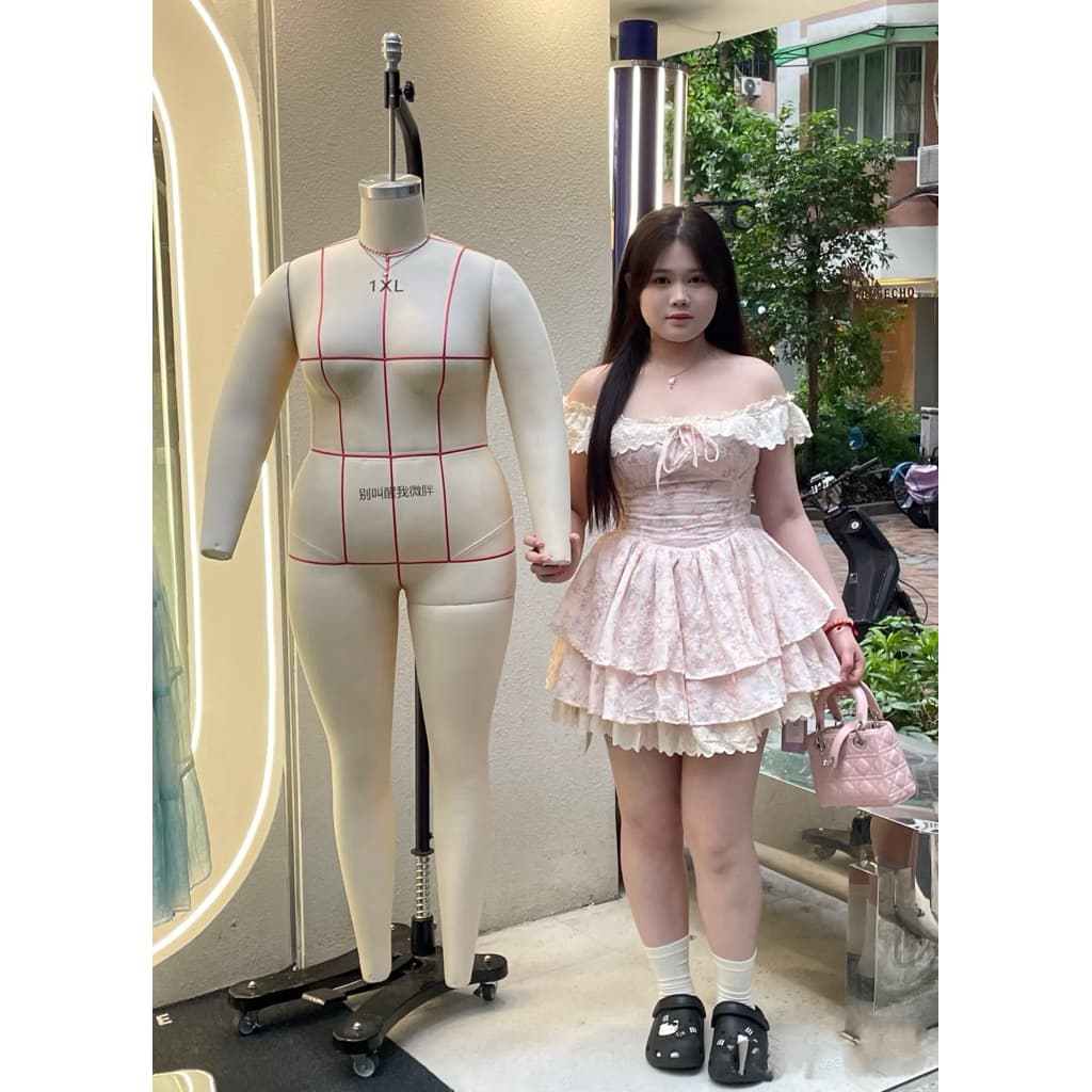 [BIGSIZE L - 4XL]Đầm Babydoll Nữ Bigsize Trễ Vai Hoa Nhí QCCC Hai Tầng Phối Ren Màu Hồng Nhạt Cho Nàng Bigsize