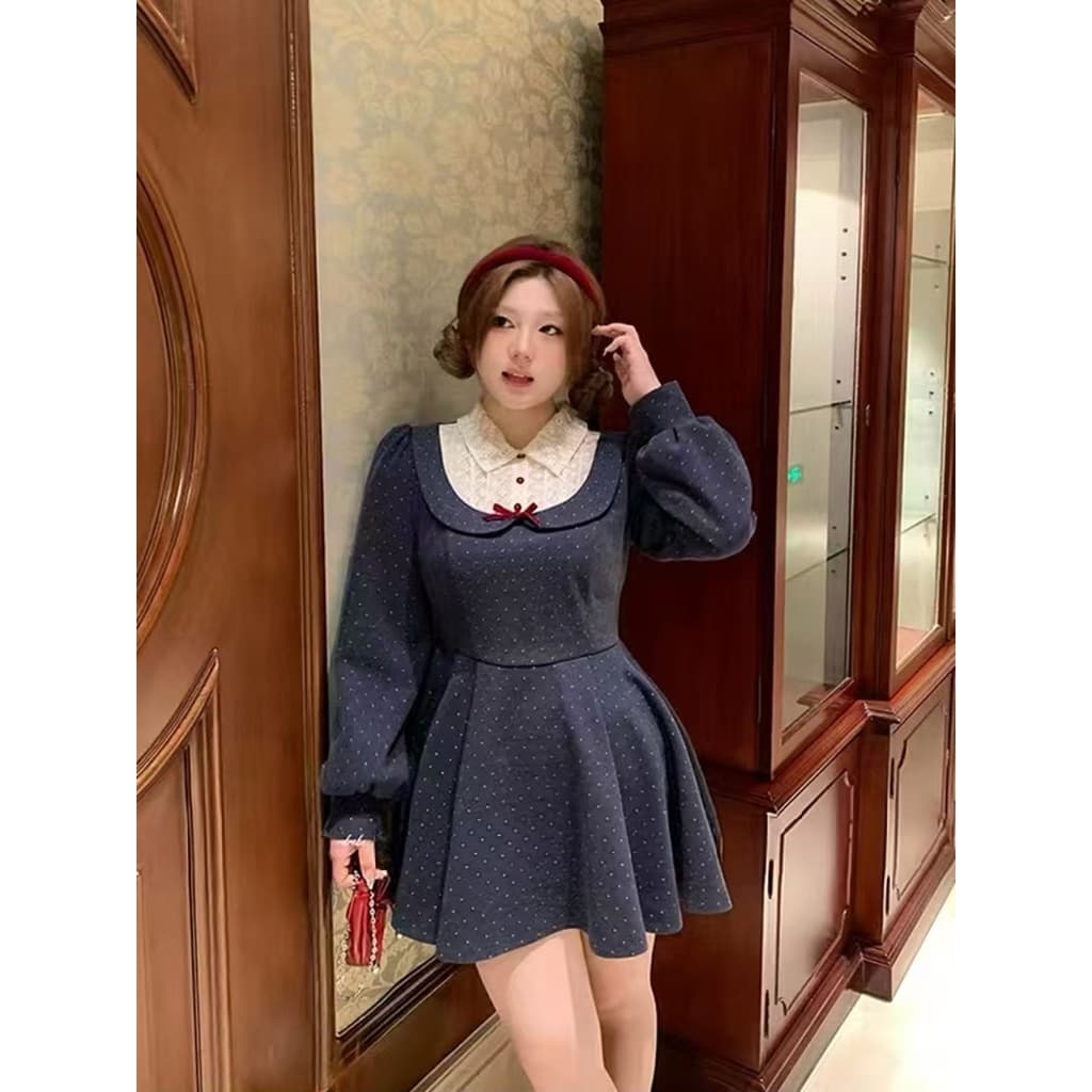 SẴN 24XL [BIGSIZE L-4XL] Đầm Bigsize Nữ Cổ Sen Dáng Xoè Màu Xanh Phối Hoạ Tiết Chấm Bi Nhỏ Phong Cách Tiểu Thư