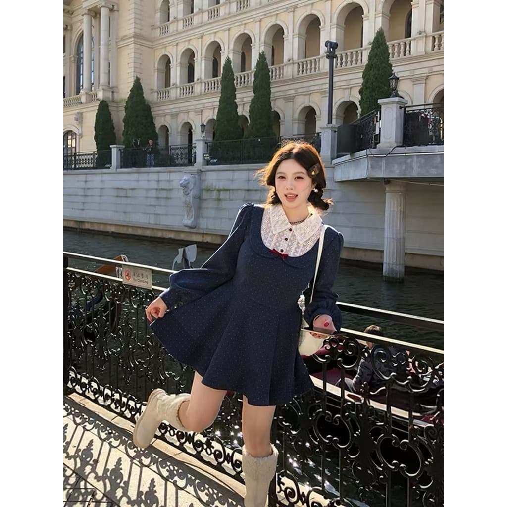 SẴN 2XL [BIGSIZE L-4XL] Đầm Bigsize Nữ Cổ Sen Dáng Xoè Màu Xanh Phối Hoạ Tiết Chấm Bi Nhỏ Phong Cách Tiểu Thư