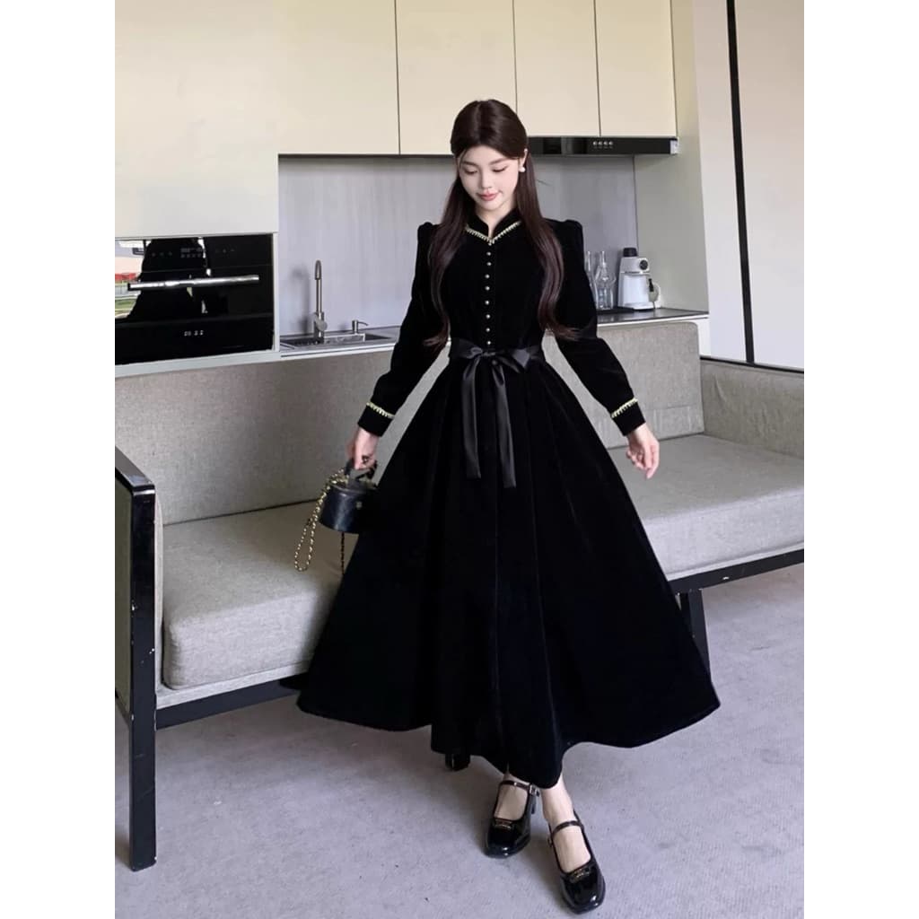 SẴN [BIGSIZE L-4XL] Đầm Nhung Bigsize Nữ Dáng Dài Phối Thắt Lưng Dự Tiệc Màu Đen Sang Chảnh Quyến Rũ