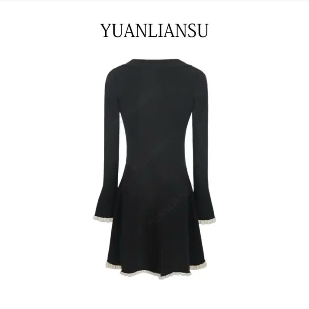 SẴN [BIGSIZE L-4XL] Đầm Len Bigsize Nữ Dáng Ngắn Dài Tay Màu Đen Phối Viền Bèo Cổ Chữ V Phong Cách Pháp Sang Trọng