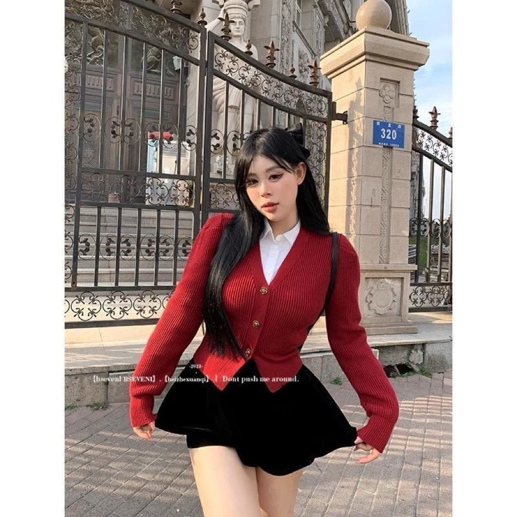[BIGSIZE L-4XL] Set Áo Len Đỏ Bigsize Nữ Phối Chân Váy Đen Tết 2026 Tôn Dáng