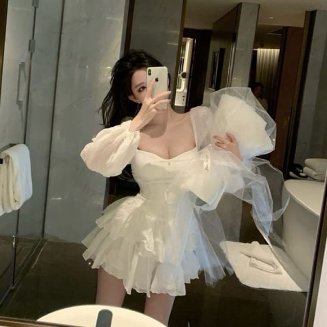 [BIGSIZE L-4XL] Đầm Dự Tiệc Bigsize Nữ Cổ Vuông Tay Phồng Dáng Xoè Đen Trắng Chất Vải Gân Tăm
