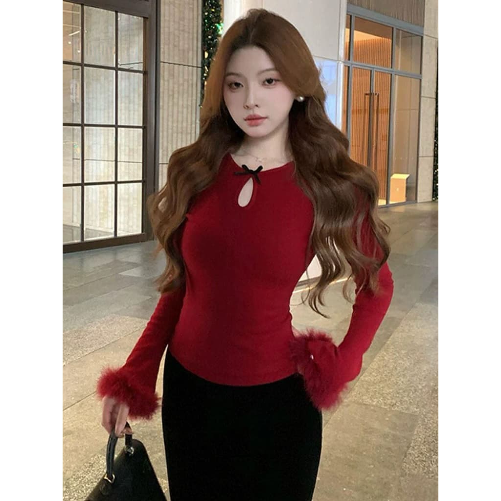 [BIGSIZE L-4XL] Áo Thun Bigsize Nữ Dài Tay Ôm Body Màu Đỏ Thiết Kế Phối Lông Vũ Sang Chảnh