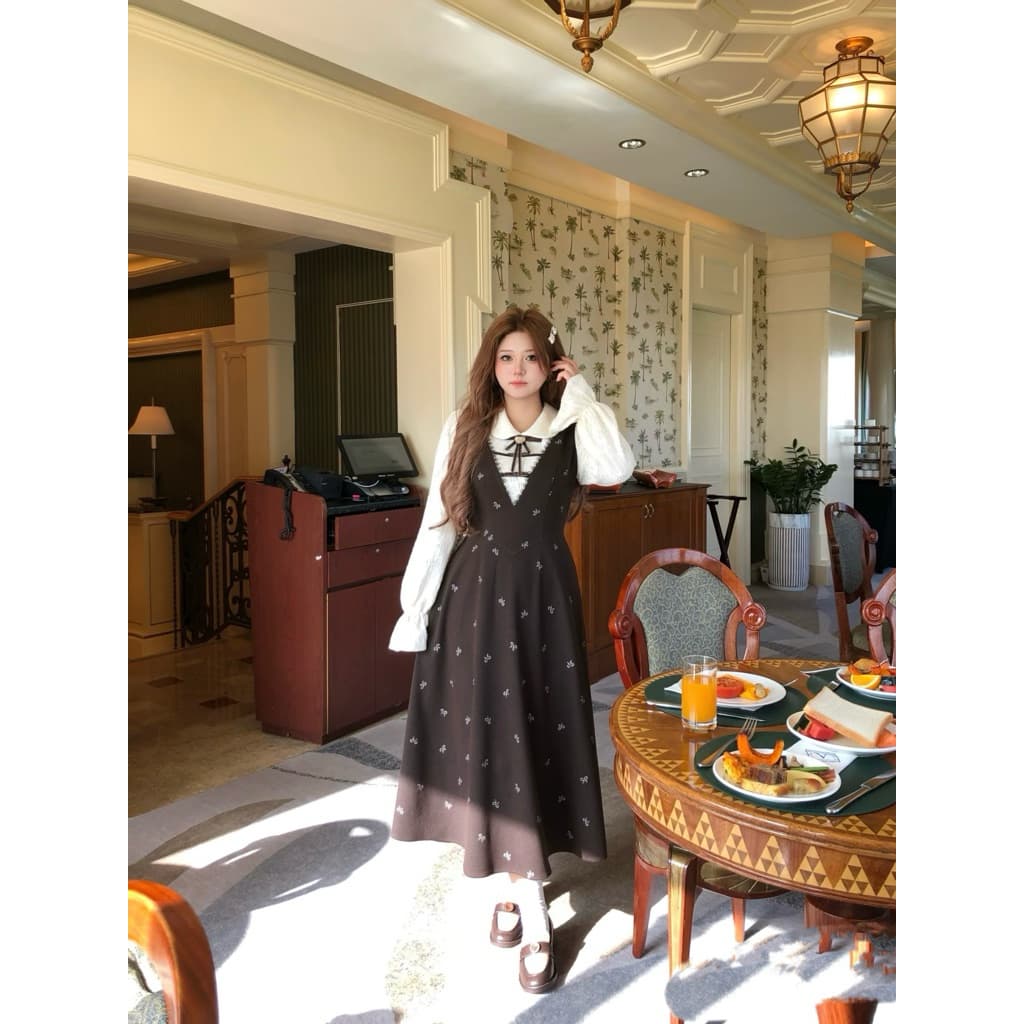 SẴN NÂU 3XL [BIGSIZE L-4XL] Đầm Bigsize Nữ Dáng Dài Phối Sơ Mi Dài Tay Thiết Kế Cách Điệu Nữ Tính Màu Nâu Đen Tết 2026
