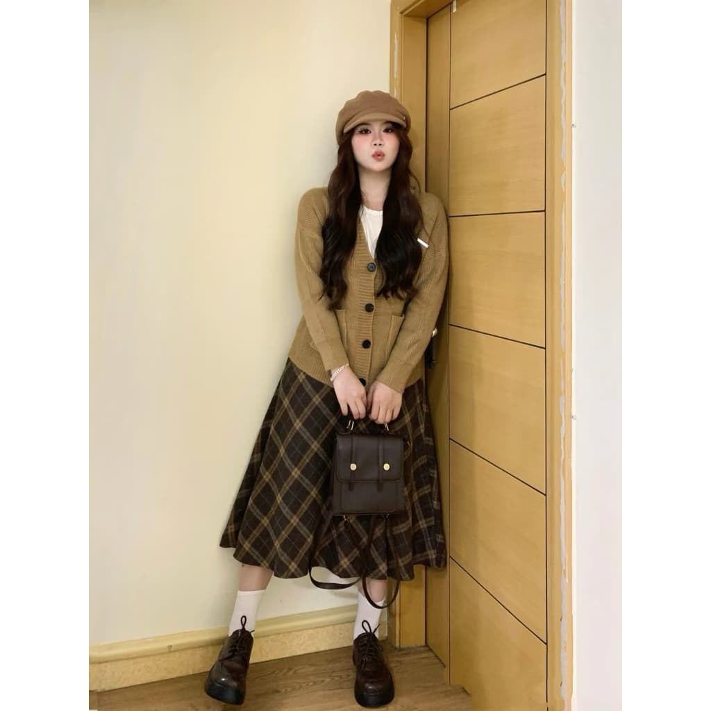 SẴN [BIGSIZE L-4XL] Chân Váy Dài Bigsize Nữ Dáng Dài Chất Dạ Màu Nâu Hoạ Tiết Caro Chéo Hottrend 2026