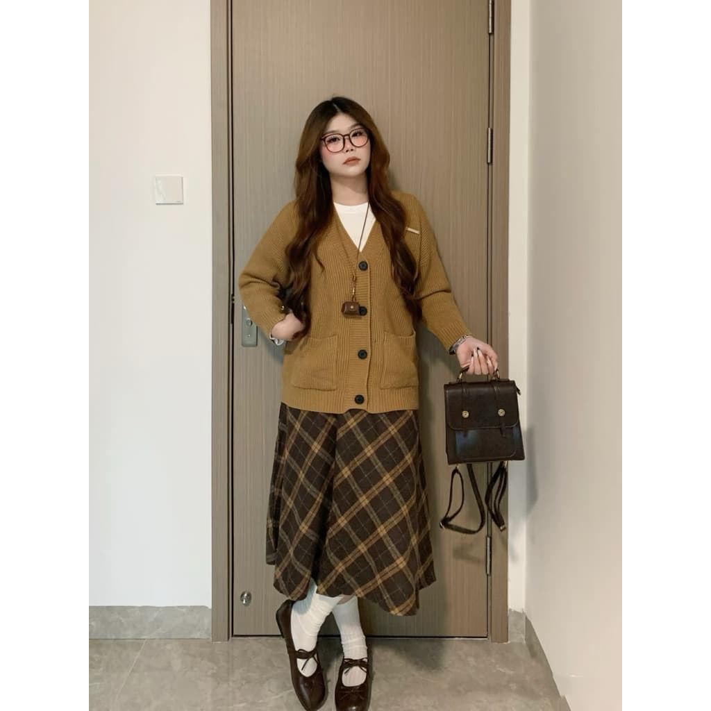 [BIGSIZE L-4XL] Chân Váy Dài Bigsize Nữ Dáng Dài Chất Dạ Màu Nâu Hoạ Tiết Caro Chéo Hottrend 2026