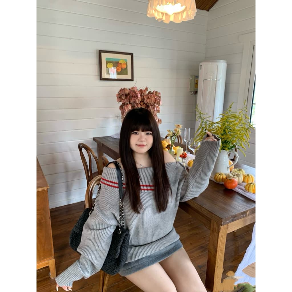 [BIGSIZE L-4XL] Áo Len Bigsize Nữ Trễ Vai LOẠI 1 Phối Nút Vai Cổ Bẻ Dài Tay Màu Xám