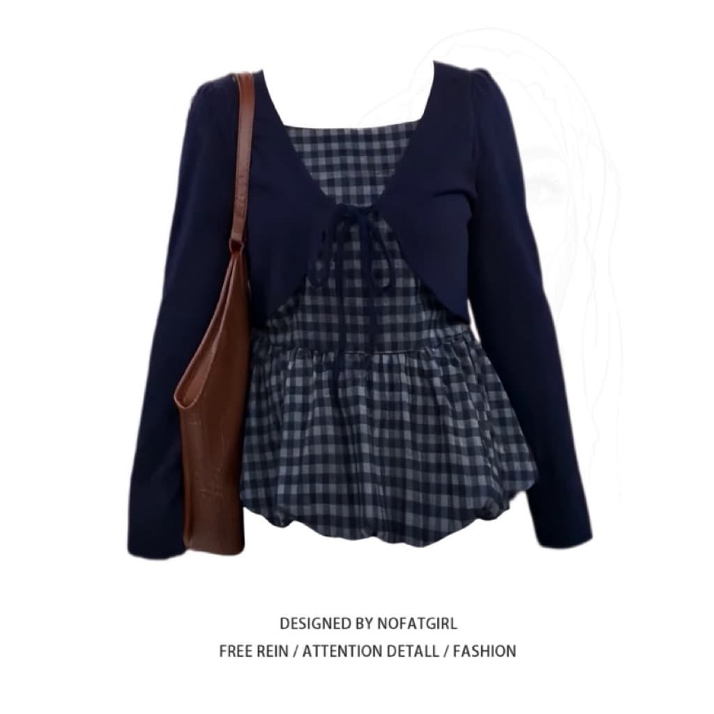 [BIGSIZE L-4XL] Áo Bigsize Nữ Dài Tay Áo Caro Phối Cardigan May Liền Màu Xanh Dễ Thương