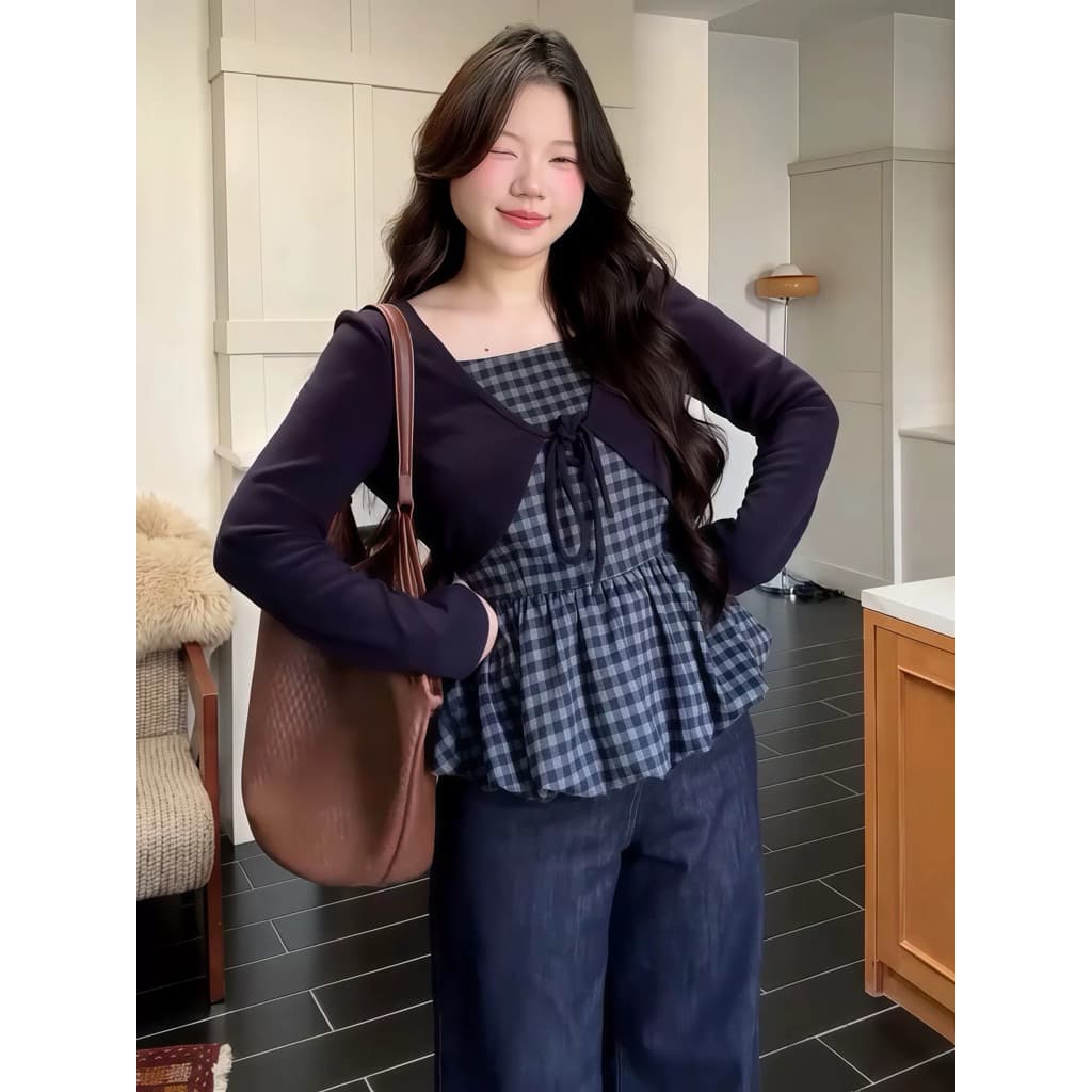 SẴN [BIGSIZE L-4XL] Áo Bigsize Nữ Dài Tay Áo Caro Phối Cardigan May Liền Màu Xanh Dễ Thương