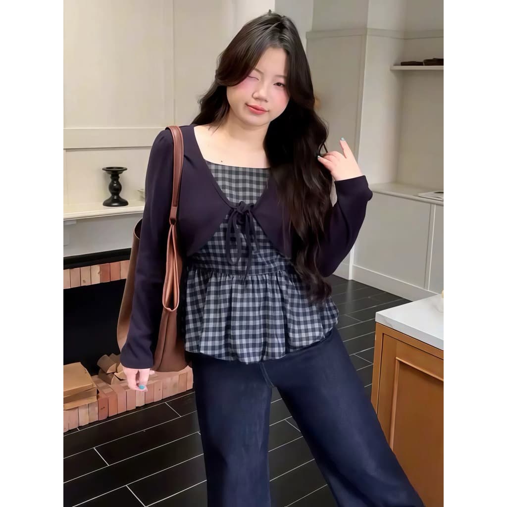 [BIGSIZE L-4XL] Áo Bigsize Nữ Dài Tay Áo Caro Phối Cardigan May Liền Màu Xanh Dễ Thương