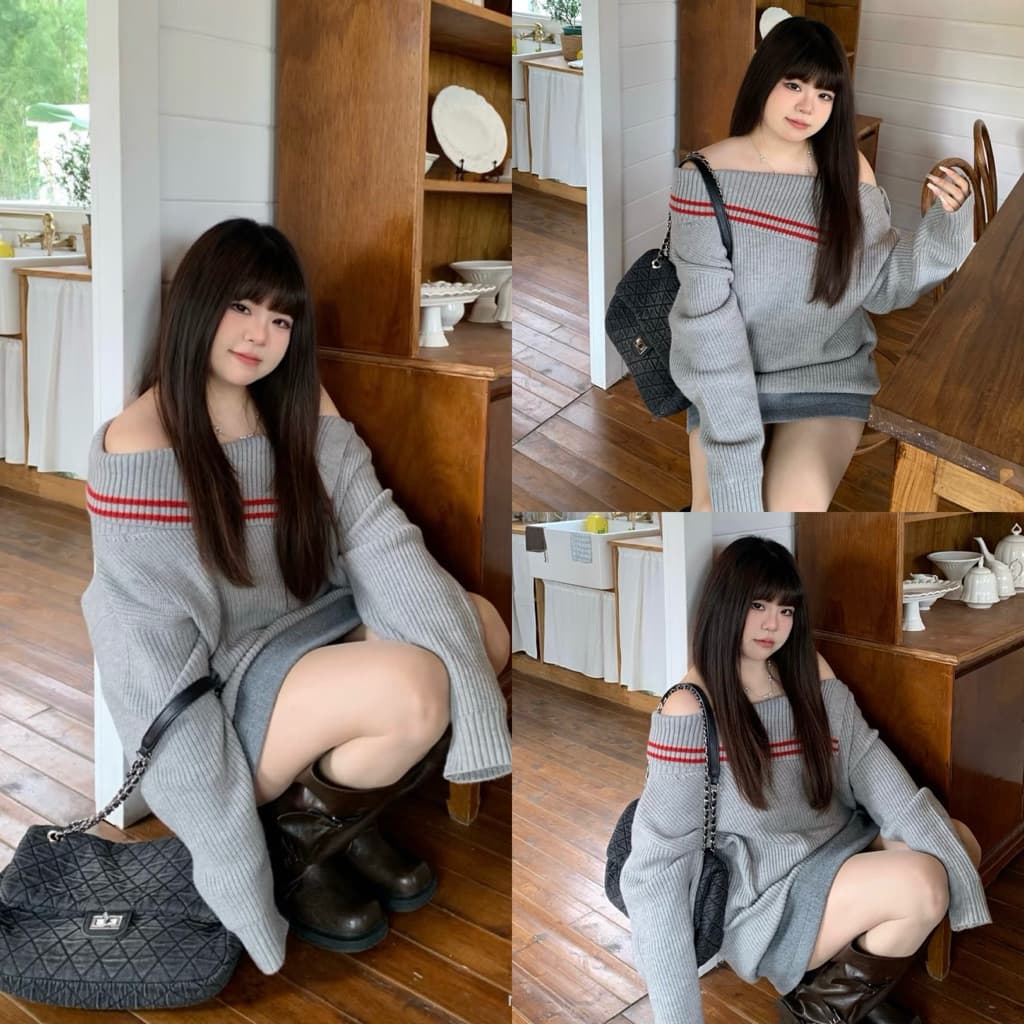 [BIGSIZE L-4XL] Áo Len Bigsize Nữ Trễ Vai LOẠI 1 Phối Nút Vai Cổ Bẻ Dài Tay Màu Xám