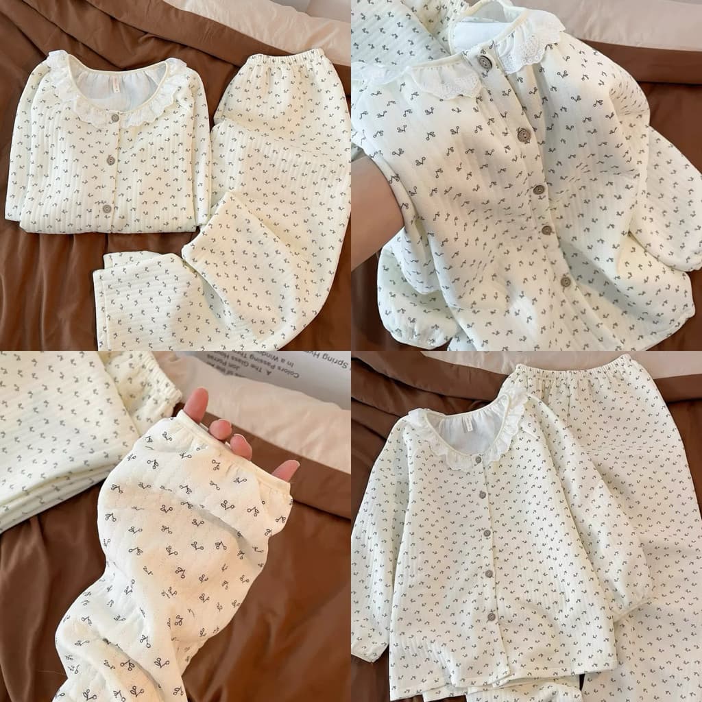 Sẵn [BIGSIZE L-4XL] Bộ Đồ Ngủ Bigsize Nữ Dày Dài Tay Phối Ren Bèo Hoạ Tiết Nơ Nhỏ Màu Be Ngọt Ngào Nữ Tính