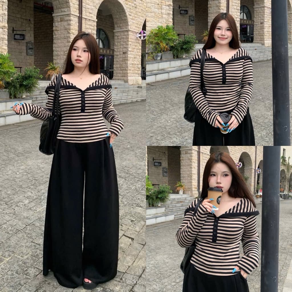SẴN [BIGSIZE L-4XL] Áo Thun Bigsize Nữ Dài Tay Trễ Vai Cổ Bẻ Họa Tiết Kẻ Sọc Màu Nâu Be Dáng Ôm Tôn Body