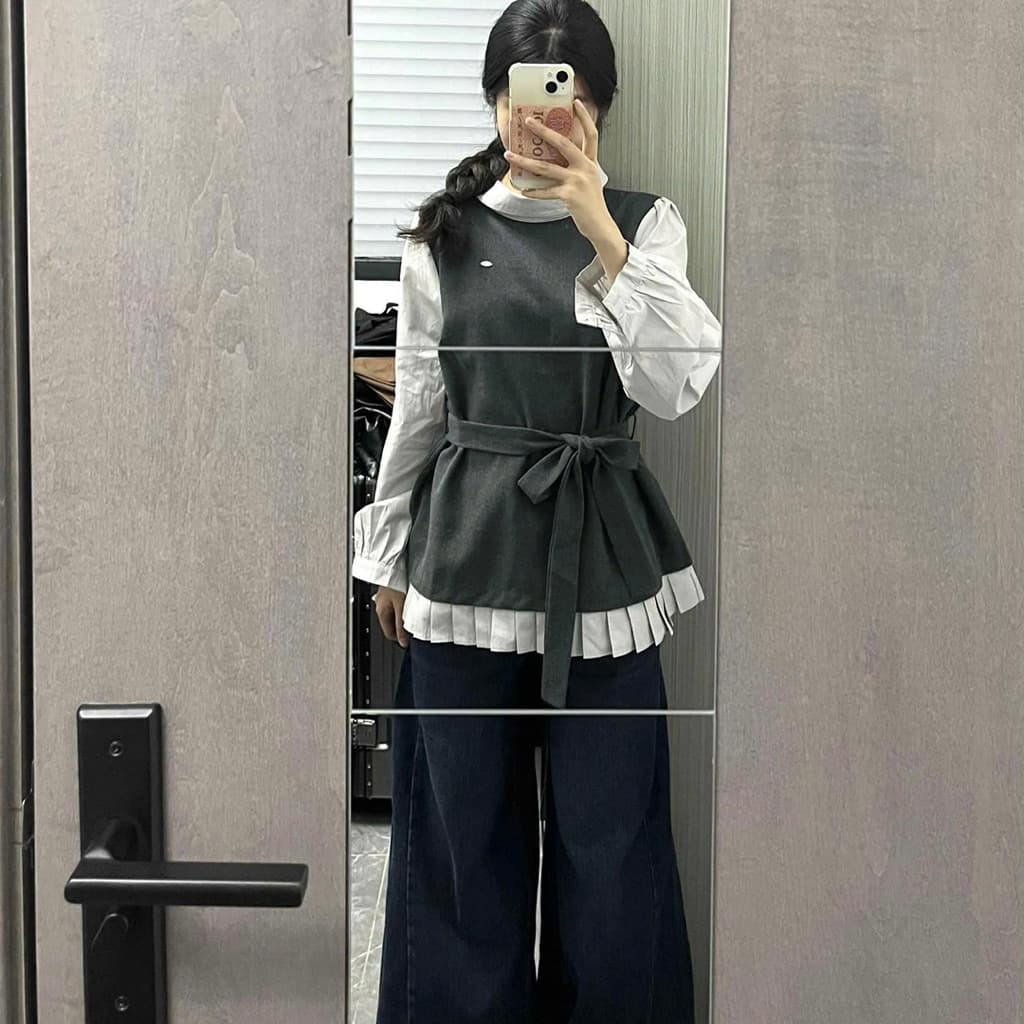 SẴN [BIGSIZE L-4XL] Áo Bigsize Phối Sơ Mi Dài Tay Thiết Kế Nơ Thắt Eo Màu Xám Tương Phản
