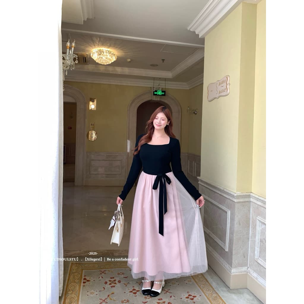 Sẵn 2XL[BIGSIZE L-4XL] Đầm Maxi Bigsize Nữ Thiết Kế Cổ Vuông Dài Tay Màu Đen Hồng Phối Ren Tôn Dáng
