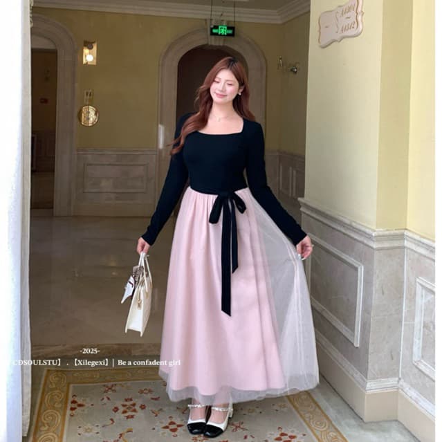 Sẵn 2XL[BIGSIZE L-4XL] Đầm Maxi Bigsize Nữ Thiết Kế Cổ Vuông Dài Tay Màu Đen Hồng Phối Ren Tôn Dáng